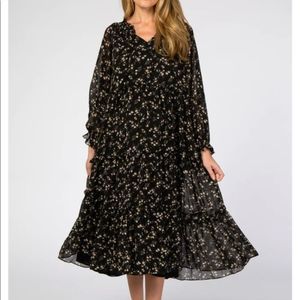 Pink blush Black Floral Chiffon Tiered Maternity Midi Dress